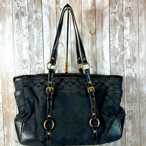 Vintage Coach Black Signature Monogram Shoulder Bag Purse Double Strap Jacquard - Picture 1 of 9